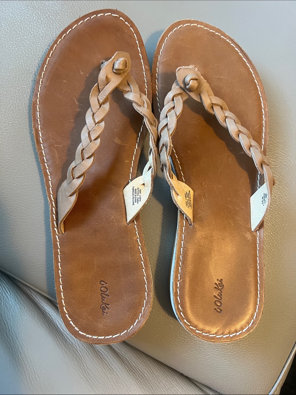 OluKai Braided Leather flip flops, Thongs, Toe-Post Sandals in Tan